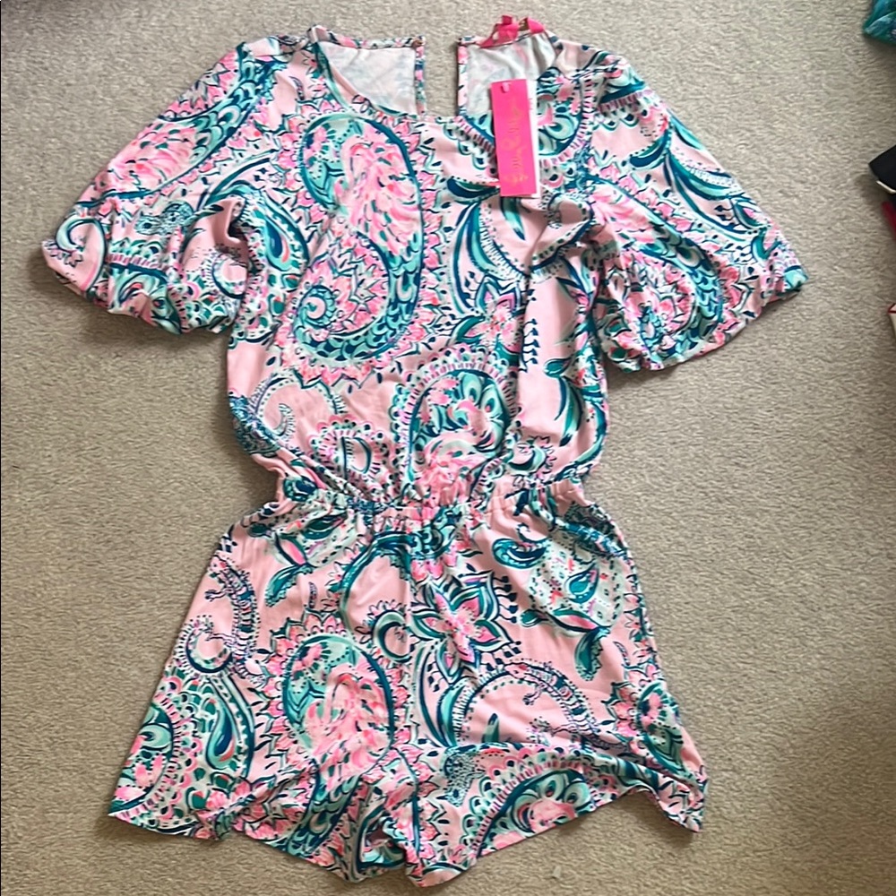 Lilly Pulitzer Britton romper pink tropics tint tangerine dream